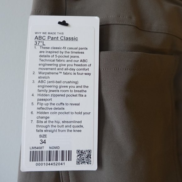 Lululemon Warpstreme ABC Pant Classic 37"L inseam Tall Size 34 Nomd - Picture 8 of 12